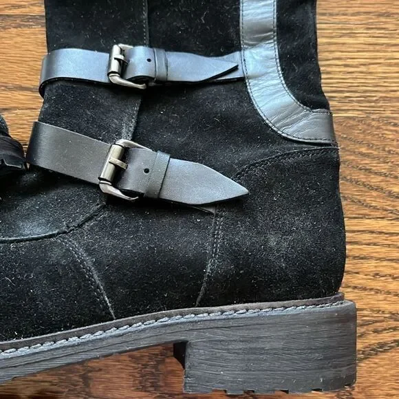 Free People size 9 Tristie Buckle Straps Knee High Boots Suede Lug Black